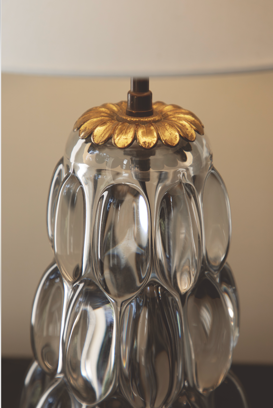 French Molded Glass with Brass Collar Table Lamp, c. 1930s