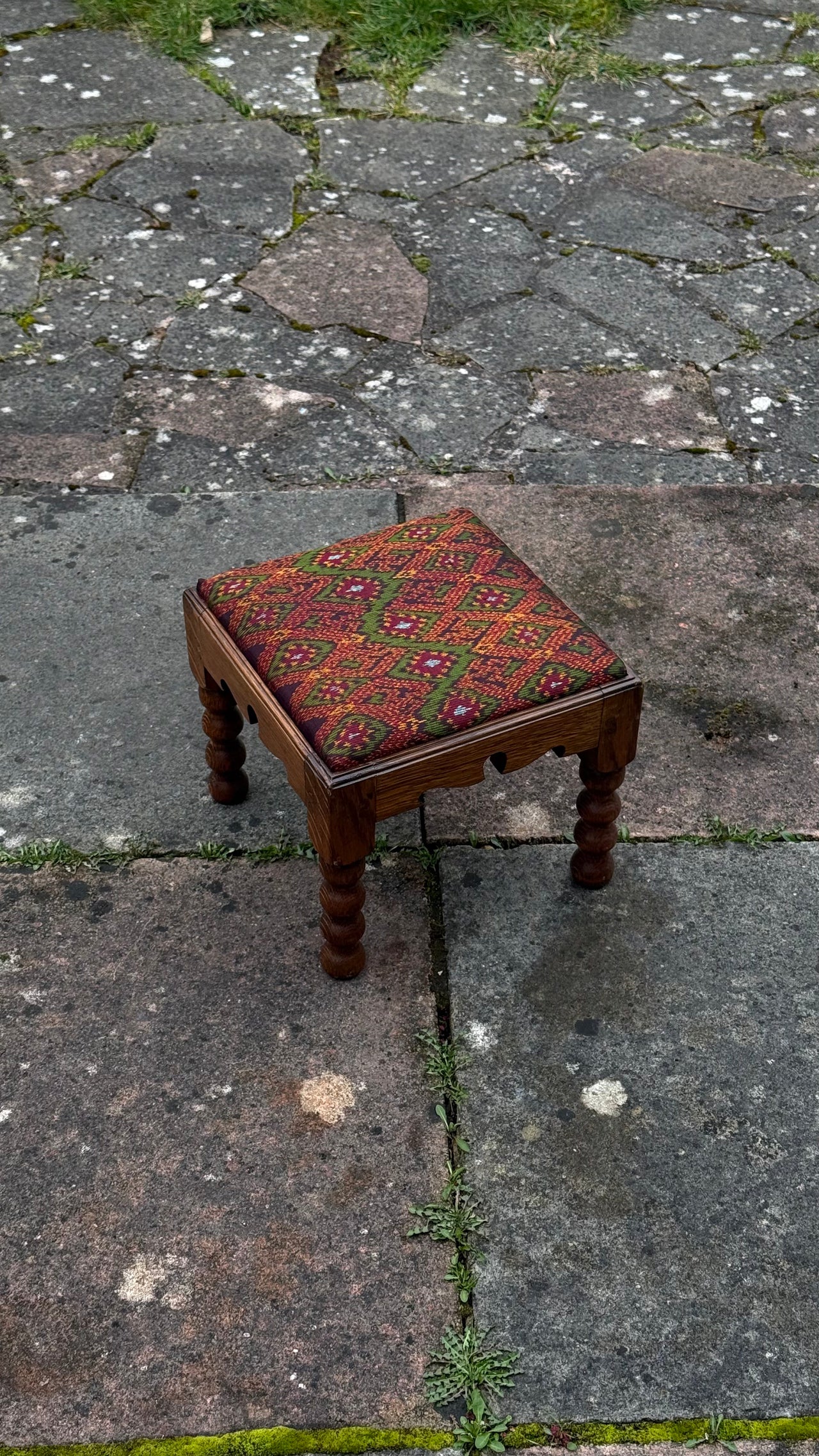 Antique Footstool with Floral Upholstery