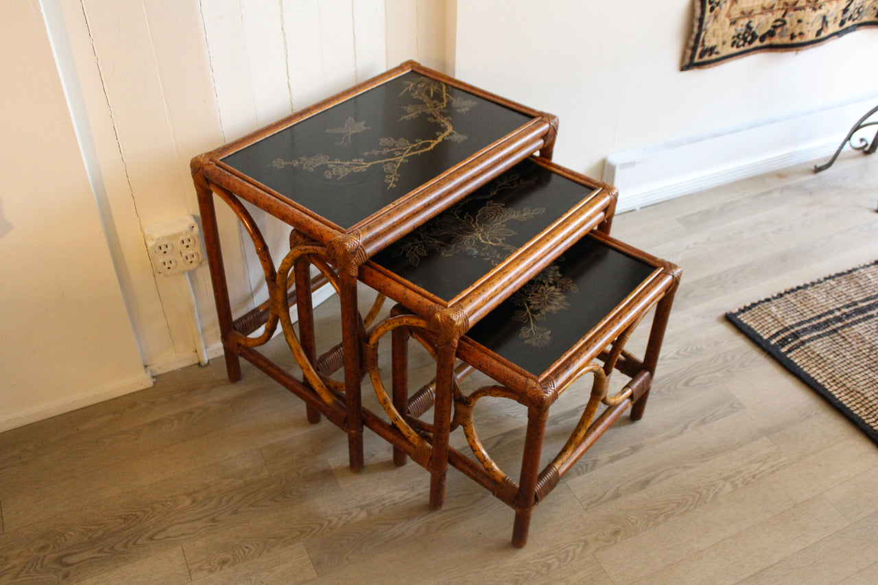 Chinoiserie Rattan Nesting Tables, c. 1960s