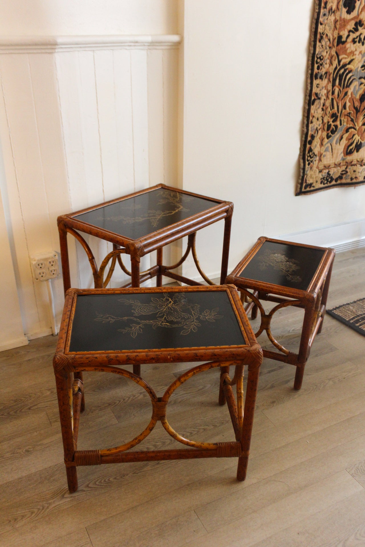 Chinoiserie Rattan Nesting Tables, c. 1960s