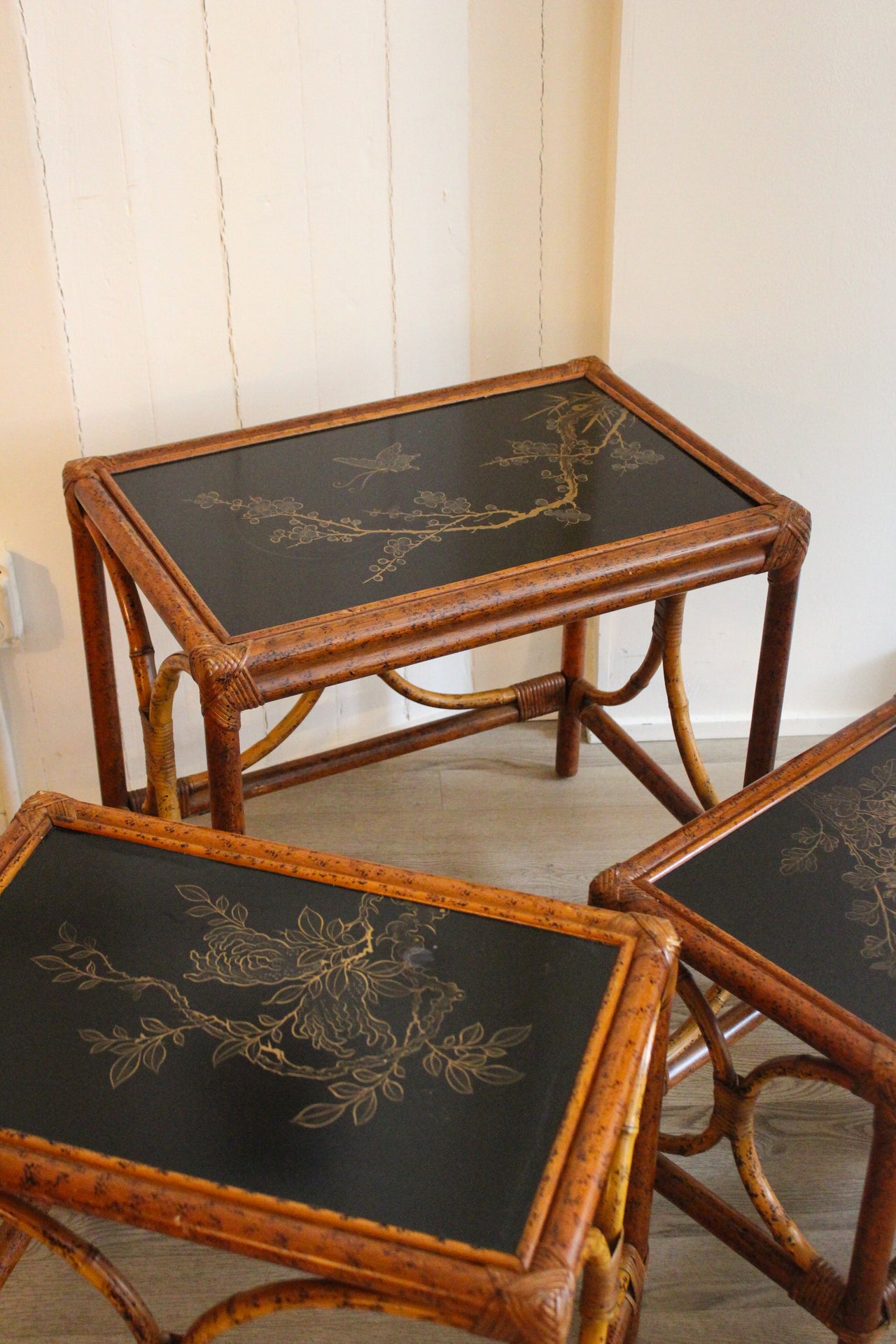 Chinoiserie Rattan Nesting Tables, c. 1960s